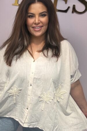 linnen katoenen blouse dames wit blauw strepen palmbomen