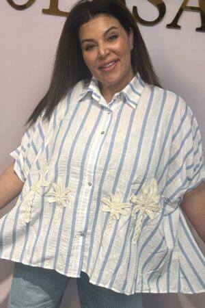linnen katoenen blouse dames wit blauw strepen palmbomen