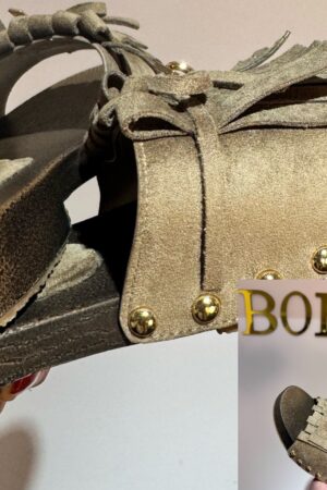 taupe klomp slippers dames met franjes en studs