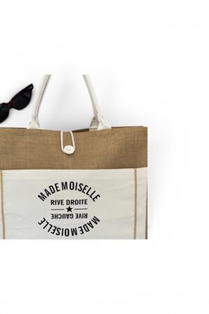 Beige Mademoiselle strandtas met gouden letters en rietlook