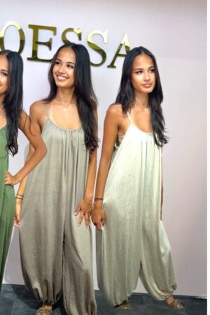 harem jumpsuit dames met spaghetti bandjes in groen taupe en crème viscose