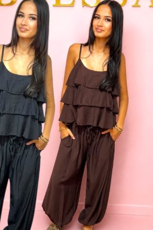 Wide leg broek met ruffle top dames