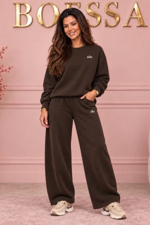 Donkerbruine joggingset dames tweedelig wide leg – Boessa Mode