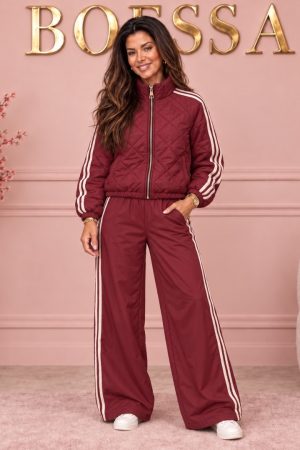 Sportieve tussenjas dames bordeaux met witte strepen – Boessa Mode