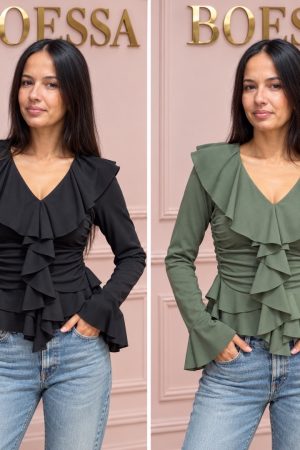 Zwarte ruffle top dames met lange mouw – Boessa Mode Groene ruffle top dames met lange mouw – Boessa Mode Groene ruffle top dames met lange mouw – Boessa Mode Groene & zwart ruffle top dames met lange mouw – Boessa Mode