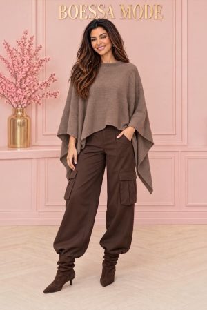 Donkerbruine cargo broek dames high waist tapered fit – Boessa Mode