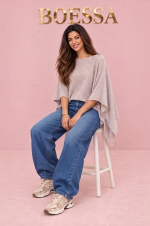 beige cape trui dames met col en vlindermouwen – Boessa Mode