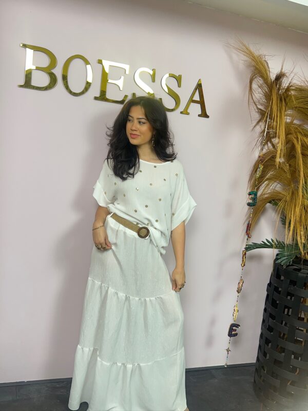 Zomerse Set Off White Maxi Rok & Glimmer Top – One Size Viscose