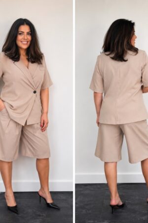 Lichtbeige oversized blazer set dames met wide leg barrel bermuda – Boessa Mode